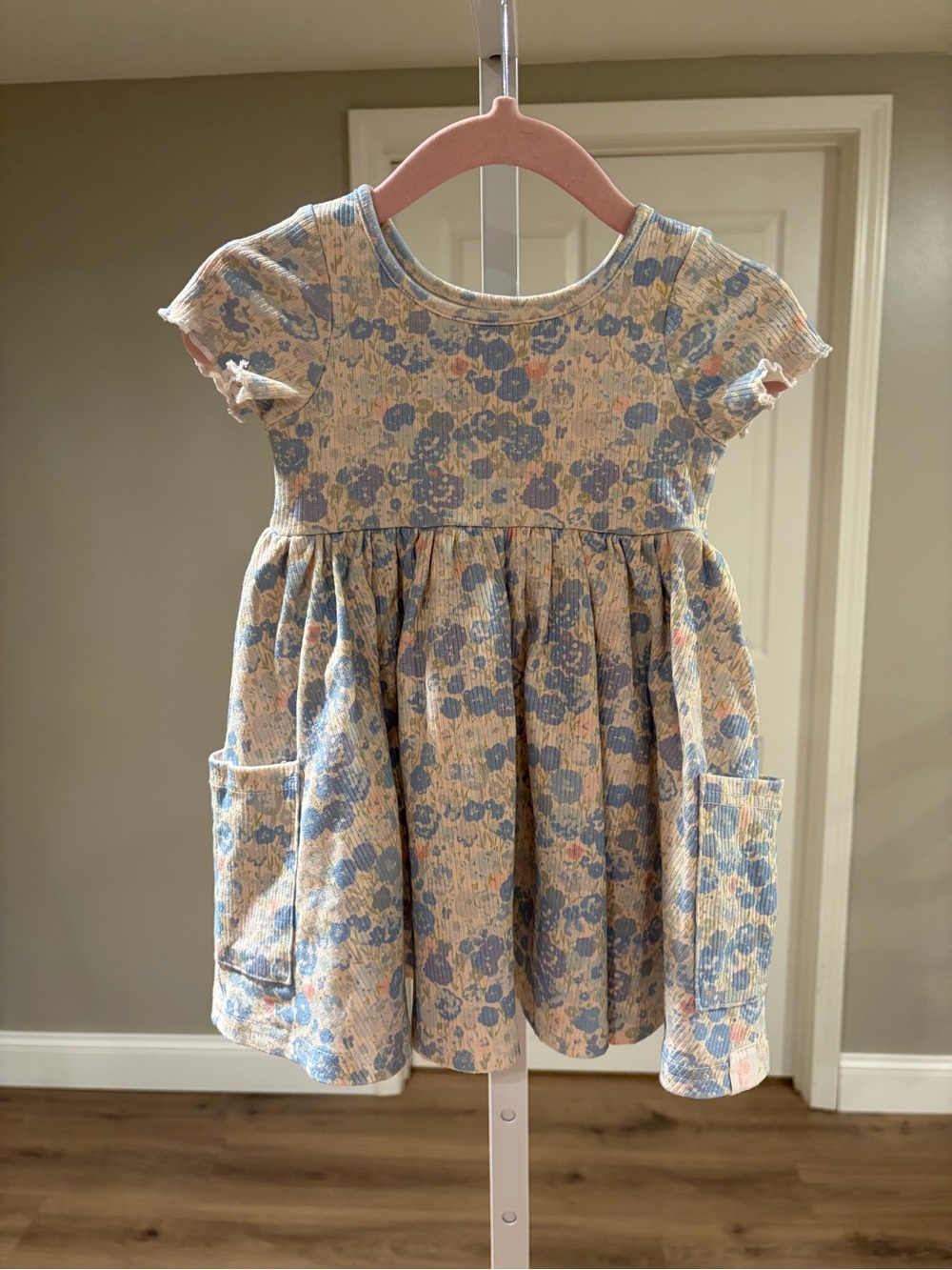 Sweet Honey Baby Toddler Ribbed Knit Floral Pocket Dress in Blue and Cream